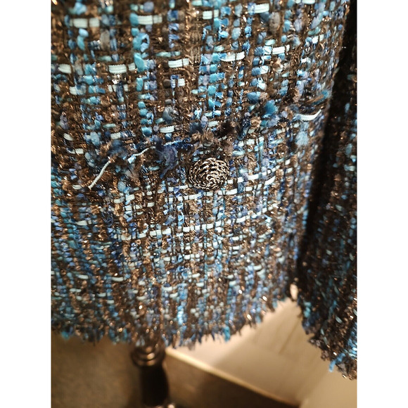 Anne Klein Women's Open woven fringed fully lined Blue tweed metallic Jacket 12 - Picture 6 of 12